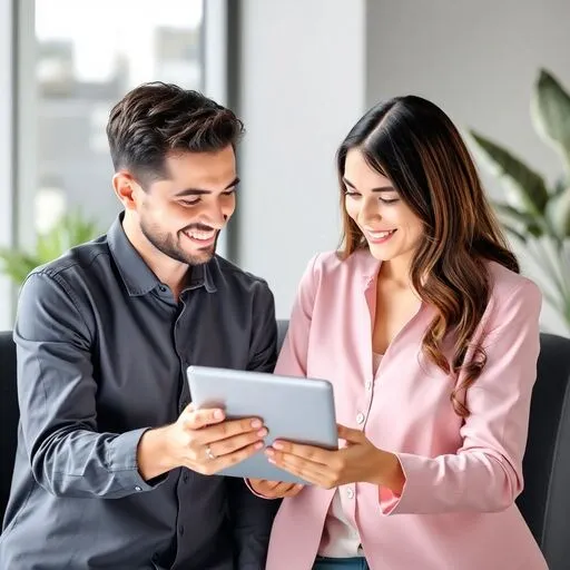 Couples happily reading digital Wellbeing Guid fro Professionals
