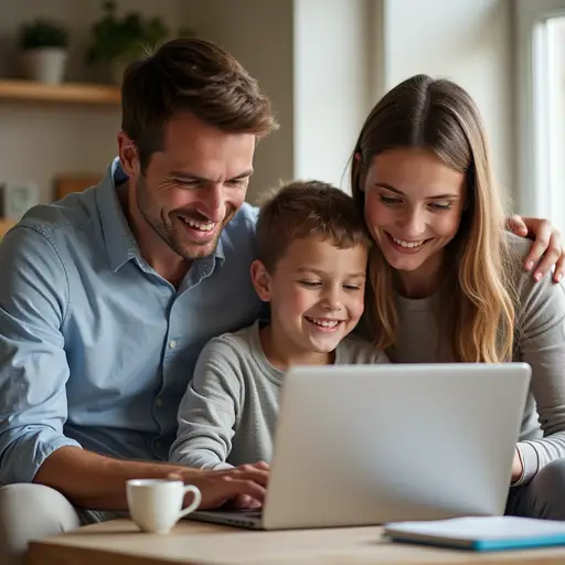 Parents with their kids using a PC