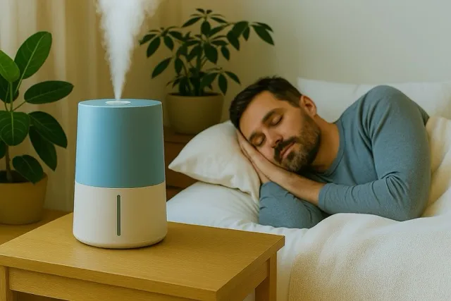 male sleeping while using humidifier