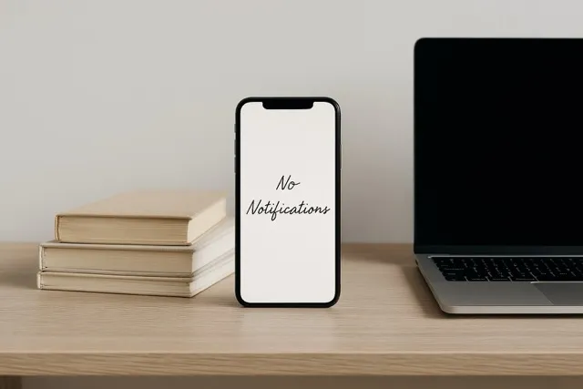 A minimalist wooden desk featuring a smartphone with a blank screen, stacked books, and a closed laptop, symbolizing digital minimalism and reduced notifications.