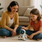 A child sitting on a soft rug interacting with a small white AI robot toy with glowing blue eyes, while an adult supervises nearby in a cozy living room featuring a beige sofa, potted plants, and a tablet on a side table displaying a lock icon symbolizing privacy and security.