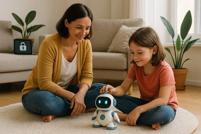 A child sitting on a soft rug interacting with a small white AI robot toy with glowing blue eyes, while an adult supervises nearby in a cozy living room featuring a beige sofa, potted plants, and a tablet on a side table displaying a lock icon symbolizing privacy and security.