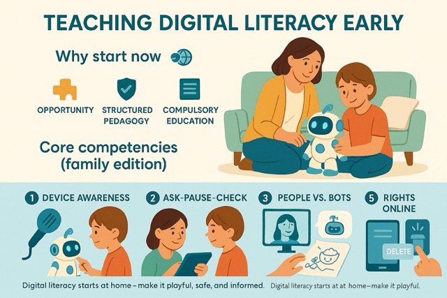 Infographic showing a parent and child interacting with a smart robot toy on a sofa, alongside visual icons for digital literacy concepts: opportunity, structured pedagogy, compulsory education, and five core competencies—device awareness (microphone icon), Ask-Pause-Check (tablet icon), people vs. bots (human vs. robot icons), co-creation over consumption (drawing activity), and rights online (delete button on a device).