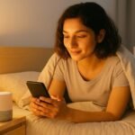A cosy bedroom scene with a warm bedside lamp, a smart speaker on a wooden nightstand, and a person using a smartphone under a light blanket, with an air purifier in the background.