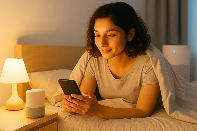 A cosy bedroom scene with a warm bedside lamp, a smart speaker on a wooden nightstand, and a person using a smartphone under a light blanket, with an air purifier in the background.