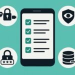 Illustration of a smartphone displaying a checklist surrounded by privacy-related icons, including a padlock, password symbol, shield with an eye, and a database, on a teal background.