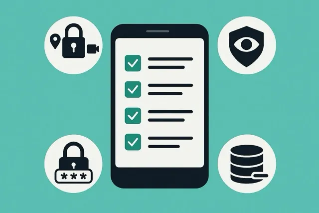 Illustration of a smartphone displaying a checklist surrounded by privacy-related icons, including a padlock, password symbol, shield with an eye, and a database, on a teal background.