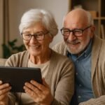Two older adults sitting together on a sofa in a cozy living room, holding a tablet device and engaging with technology, with a bookshelf and plants in the background.