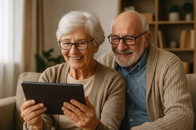 Two older adults sitting together on a sofa in a cozy living room, holding a tablet device and engaging with technology, with a bookshelf and plants in the background.