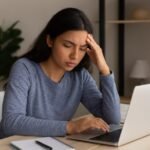 A student sitting at a desk with a laptop, notebook, and stationery, appearing stressed while working on online coursework in a home study environment.