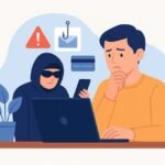 Illustration of a person using a laptop while a cybercriminal attempts to steal information, representing online scam risks and digital safety.