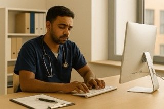 Healthcare professional completing routine digital administration at a computer workstation, illustrating cognitive fatigue caused by sustained task switching and alert overload