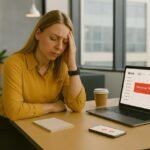Professional seated in a modern corporate breakout lounge with glass walls, using a laptop and phone in a calm workspace that illustrates setting digital boundaries at work