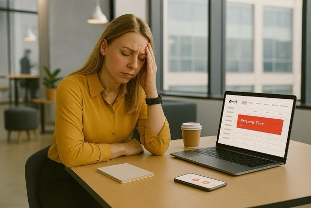 Professional seated in a modern corporate breakout lounge with glass walls, using a laptop and phone in a calm workspace that illustrates setting digital boundaries at work