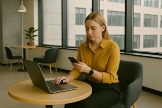 Professional seated in a modern corporate breakout lounge with glass walls, working calmly with a laptop and phone in a space that reflects intentional digital boundaries at work