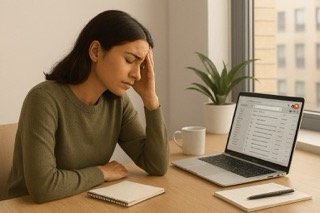 Professional working at a desk with an overflowing email inbox open on a laptop, illustrating digital burnout and screen‑related exhaustion in a home office setting