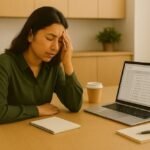 Professional working at a desk in a modern office with an email inbox open on a laptop, illustrating digital burnout and cognitive overload in a workplace setting