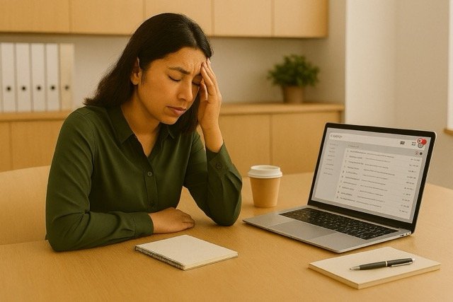 Professional working at a desk in a modern office with an email inbox open on a laptop, illustrating digital burnout and cognitive overload in a workplace setting