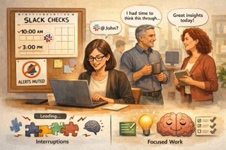 Team working quietly in a shared office during a scheduled daily check‑in, with notifications muted to support focused work and reduced digital interruptions