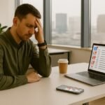Professional working at a desk in a modern office with multiple digital notifications visible on laptop and phone, illustrating notification overload and disrupted focus at work