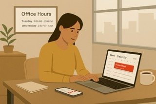 Administrative staff member working at a desk with a calendar showing focus blocks and a posted office hours schedule, illustrating clear communication norms in a hybrid university setting
