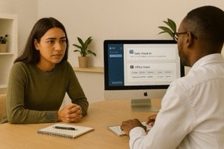Team discussion at a desk with a screen showing shared office hours and daily check‑ins, illustrating reduced notifications and protected no‑meeting time to support digital wellbeing