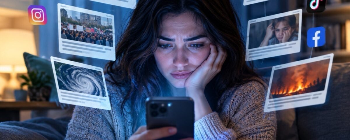 Person anxiously scrolling through negative news and social media content on a smartphone