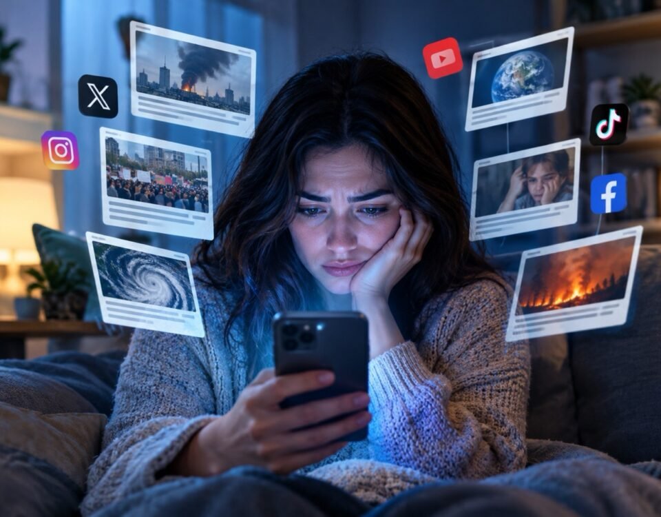 Person anxiously scrolling through negative news and social media content on a smartphone