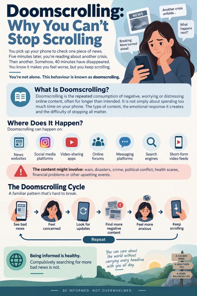 Infographic explaining doomscrolling, including its definition, common online sources, the psychological cycle of consuming negative news, warning signs of excessive scrolling, and the difference between staying informed and compulsively searching for distressing information.